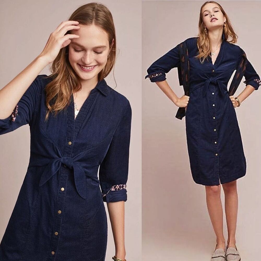 Anthropologie Maeve Dress Womens Size 12 Blue Winchester Tie Corduroy Mini Shirt - Picture 2 of 12